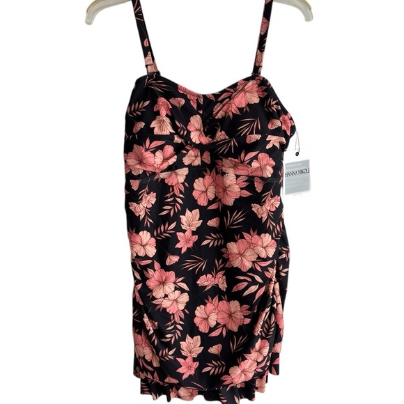 Hanna Nikole Tankini Top Swimdress Plus Size 16W Black Pink Floral Slimming NEW - Picture 1 of 15